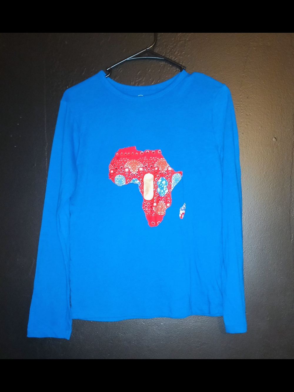 Blue Long-Sleeve Tee with Red Africa Ankara Handcrafted Patch